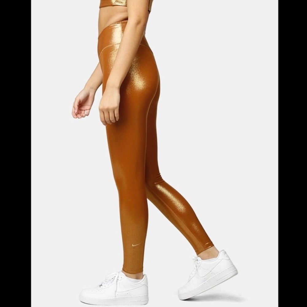 Nike Women One Icon High Rise Compression Training Leggings Metallic Caramel